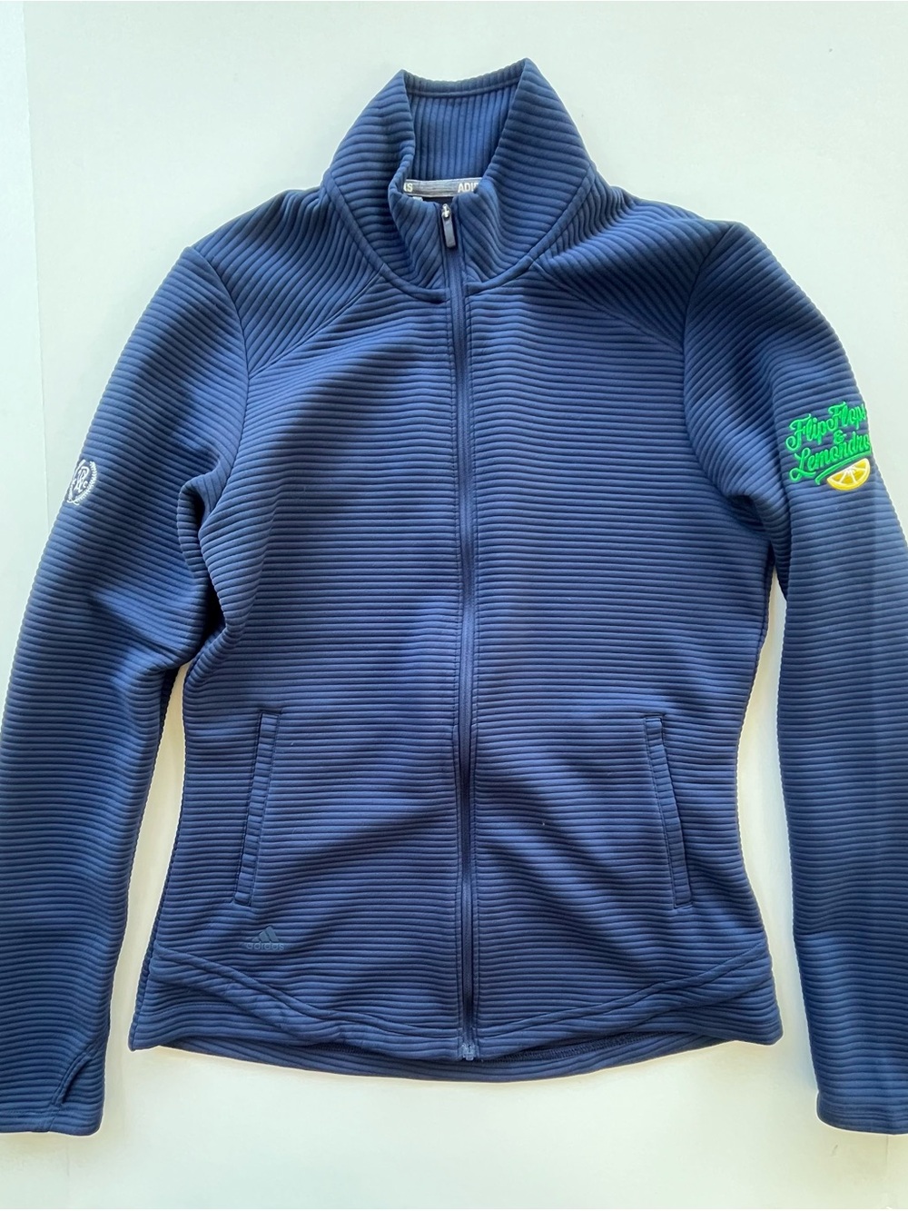 Adidas Golf Women’s Small zip front ribbed navy blue jacket w/custom logos